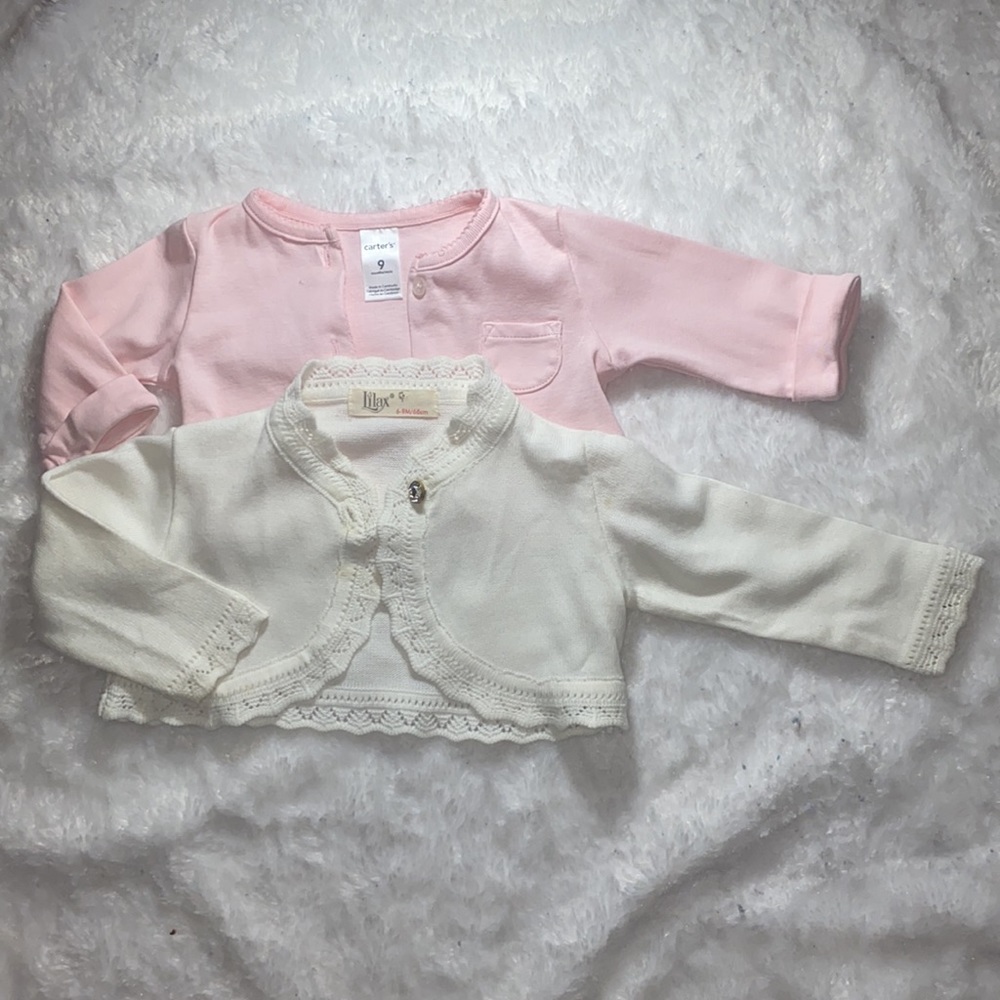6-9 month infant cardigan, pink and white